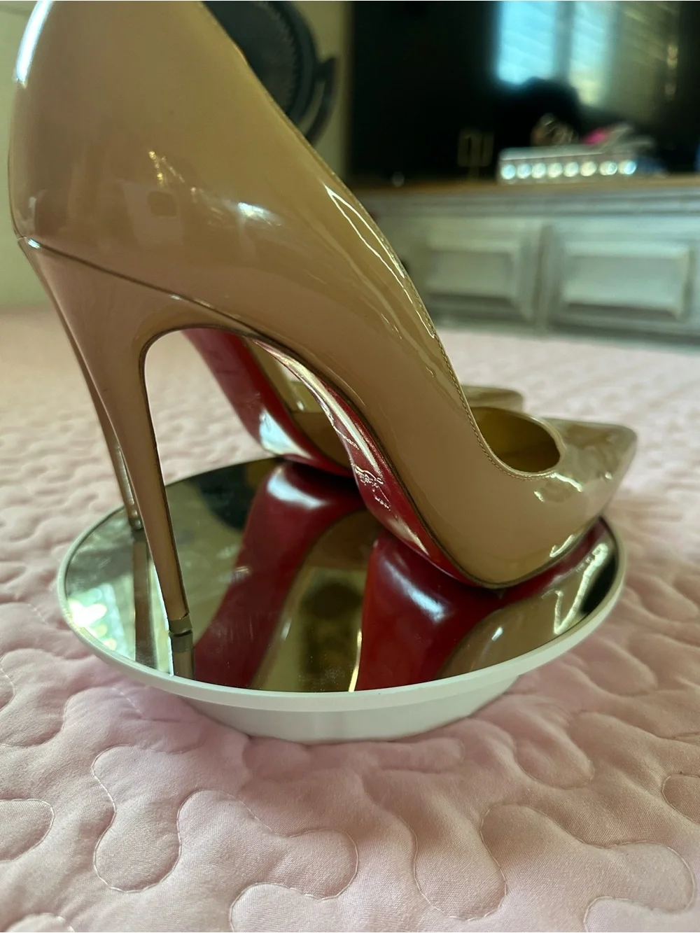 Christian Louboutin Nude Patent Pointed-Toe Pumps with Red Sole